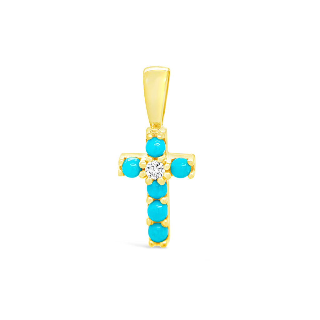 14k Yellow Gold Turquoise and Diamond Cross Pendant