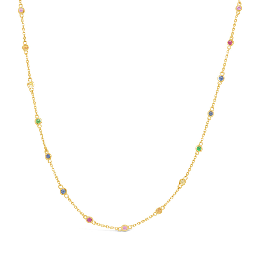 14k Yellow Gold Bezel Multi-Colored Rainbow Gem Necklace