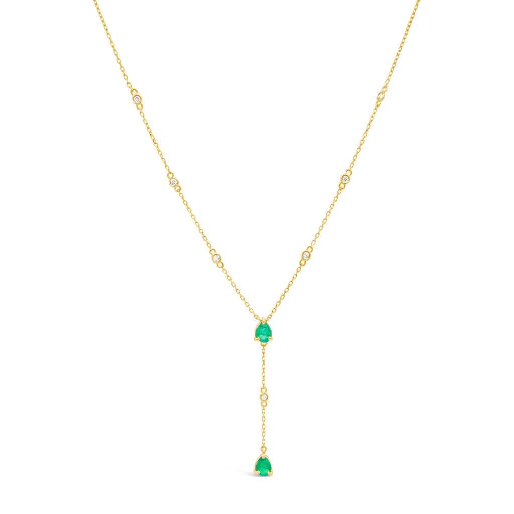 14k Yellow Gold Pear Shape Emeralds and Diamond Lariat Necklace