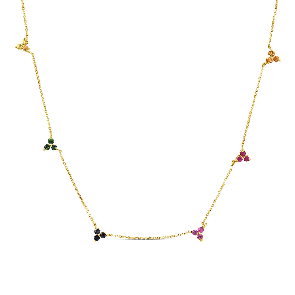 14k Yellow Gold Multi-Colored Gem Rainbow Trio Station Necklace