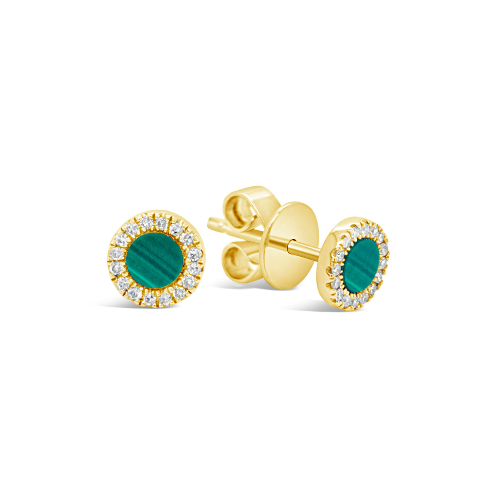 14k Yellow Gold Round Malachite Diamond Bezel Stud Earrings