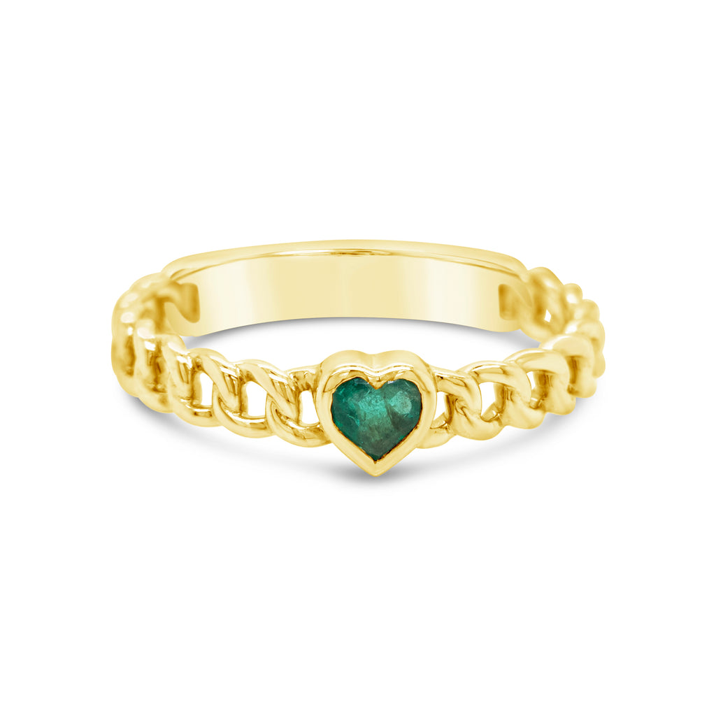 14k Yellow Gold Bezel Heart Emerald Cuban Link Ring