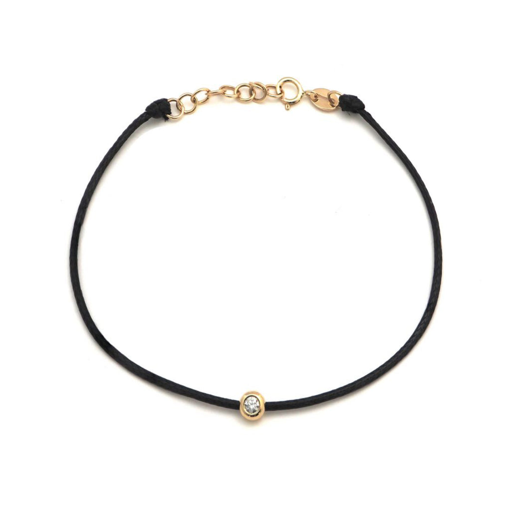 14k Yellow Gold Bezel Diamond Black Cord Bracelet