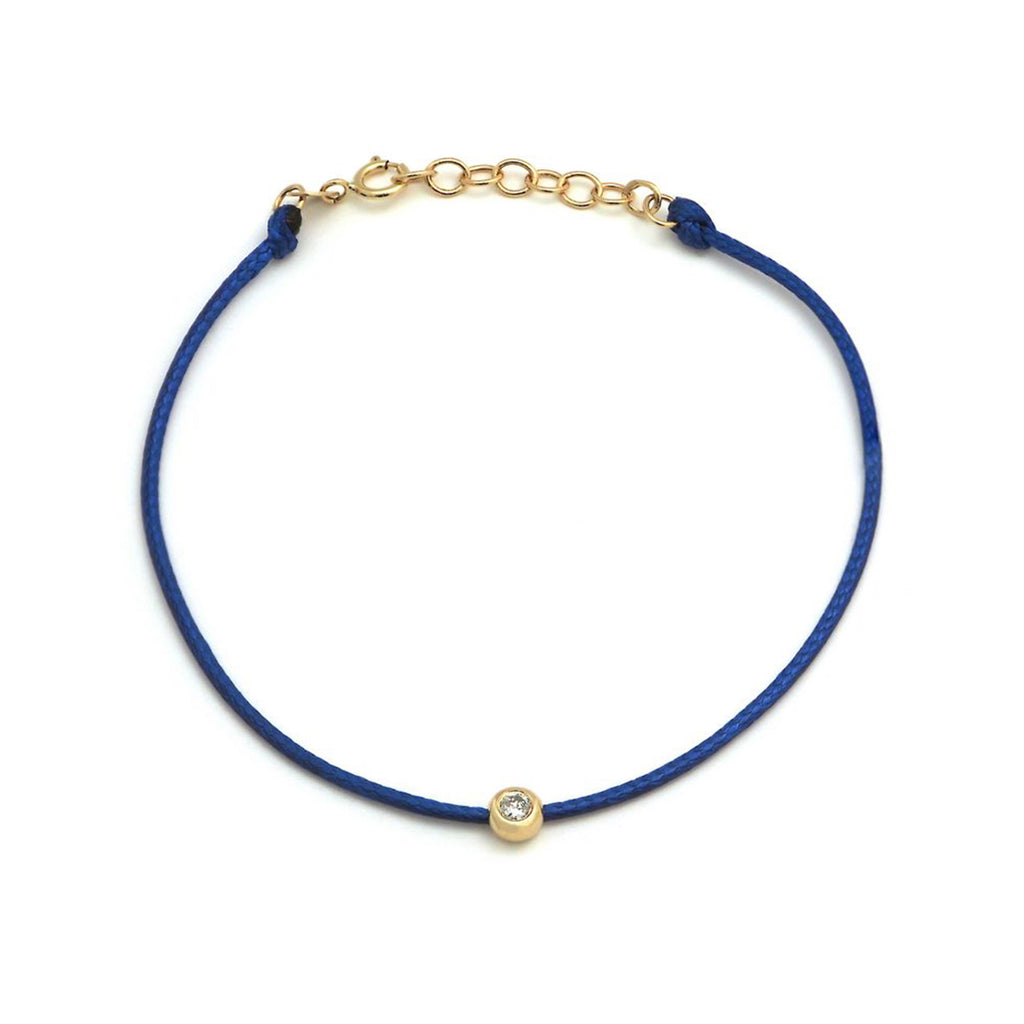 14k Yellow Gold Bezel Diamond  Blue Cord Bracelet