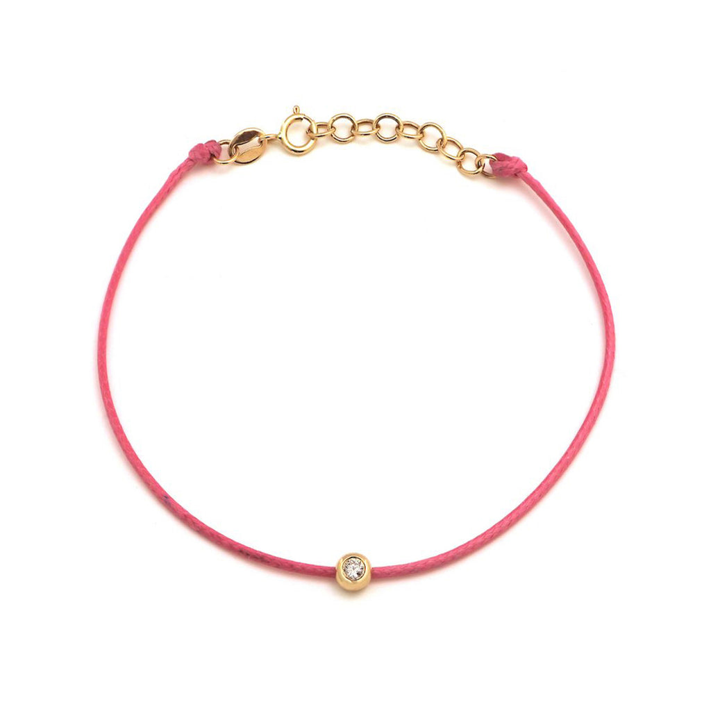 14k Yellow Gold Bezel Diamond Pink Cord Bracelet