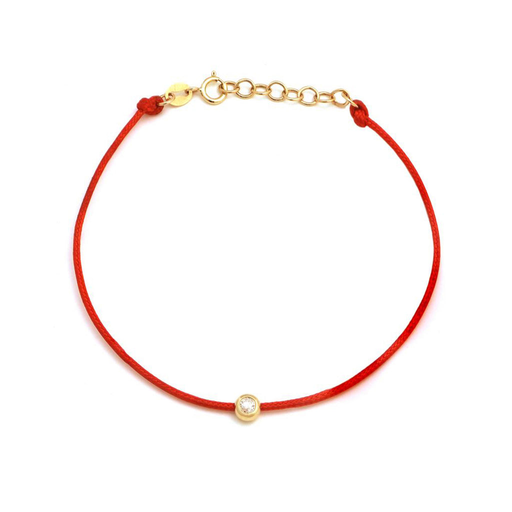 14k Yellow Gold Bezel Diamond Red Cord Bracelet