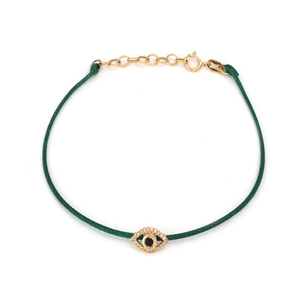 14k Yellow Gold Diamond Evil Eye Green Cord Bracelet