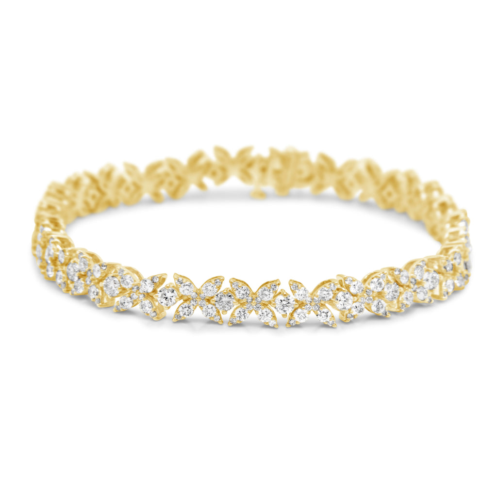 14k Yellow Gold Flowers Marquise Diamonds Tennis Bracelet