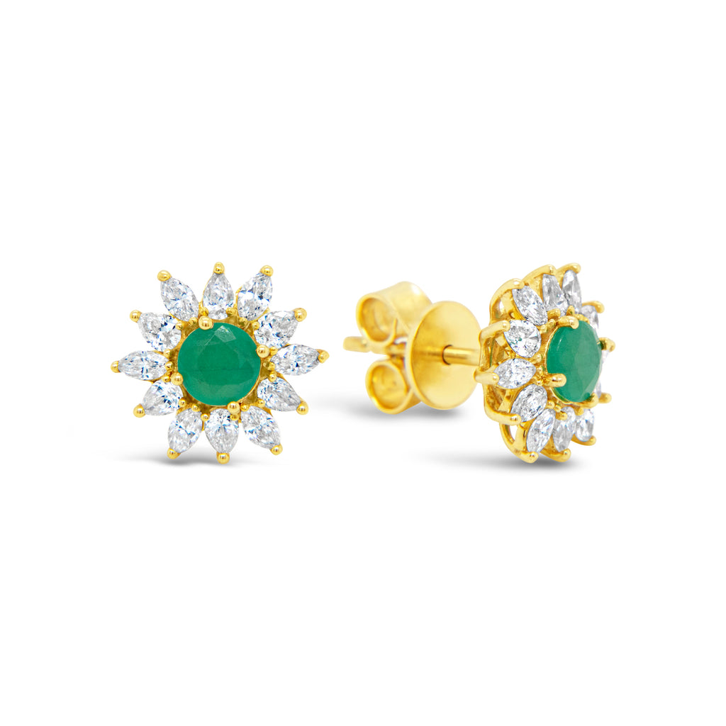 14k Yellow Gold Emerald and Diamond Flower Stud Earrings