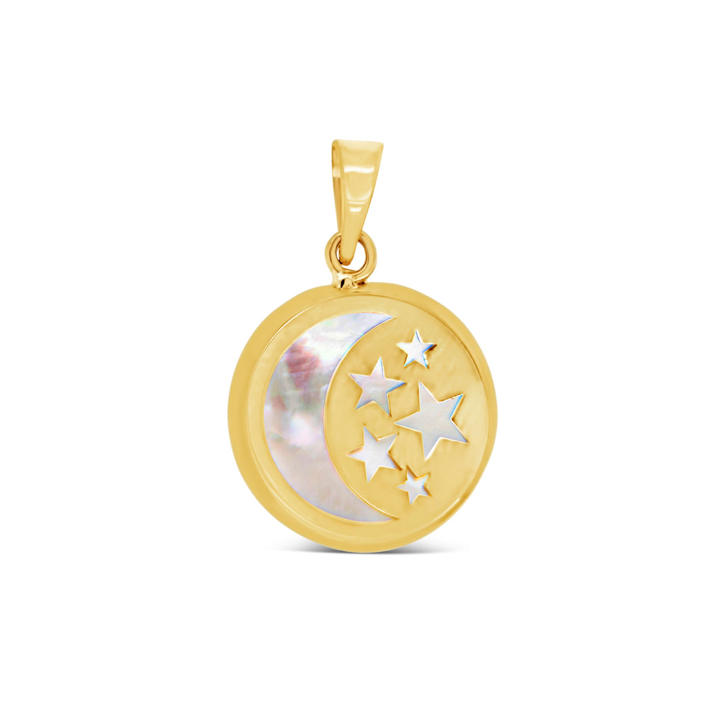 14k Yellow Gold Mother of Pearl Moon and Stars Pendant