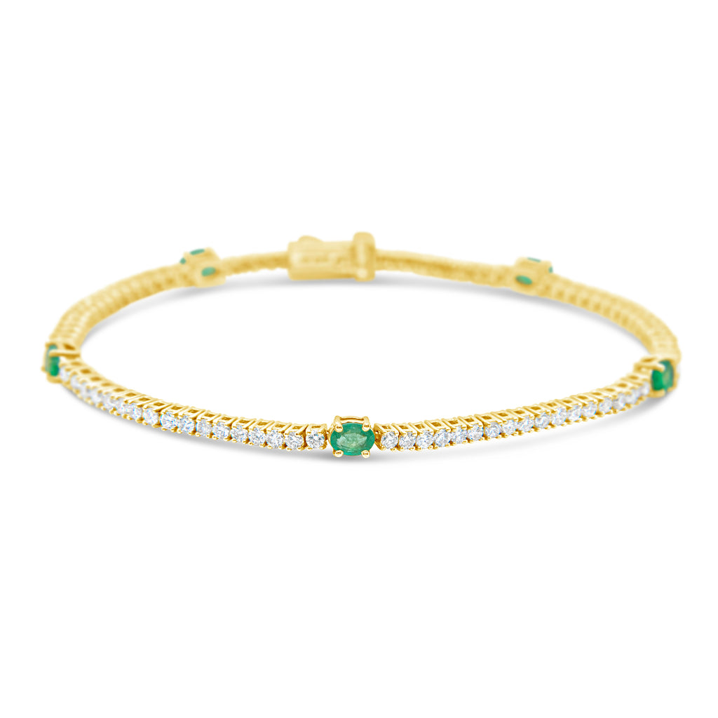 14k Yellow Gold Diamond and Oval Emeralds Tennis Bracelet