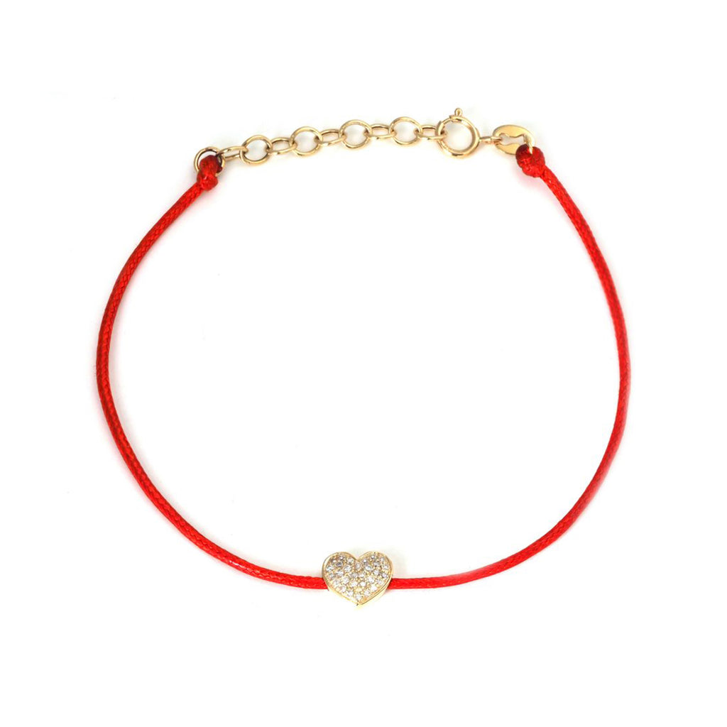 14k Yellow Gold Pave Diamond Heart Red Cord Bracelet