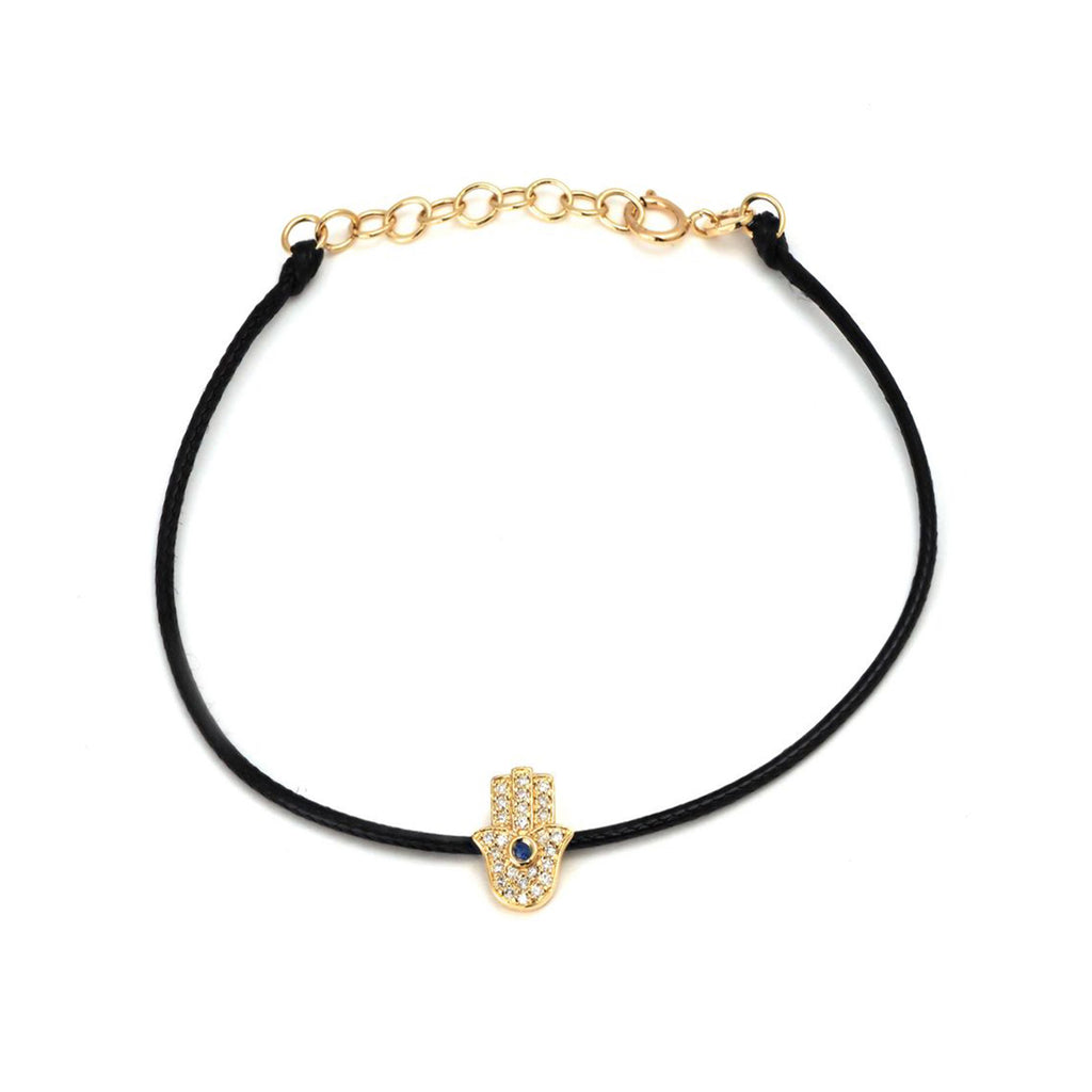 14k Yellow Gold Pave Diamond Hamsa Black Cord Bracelet