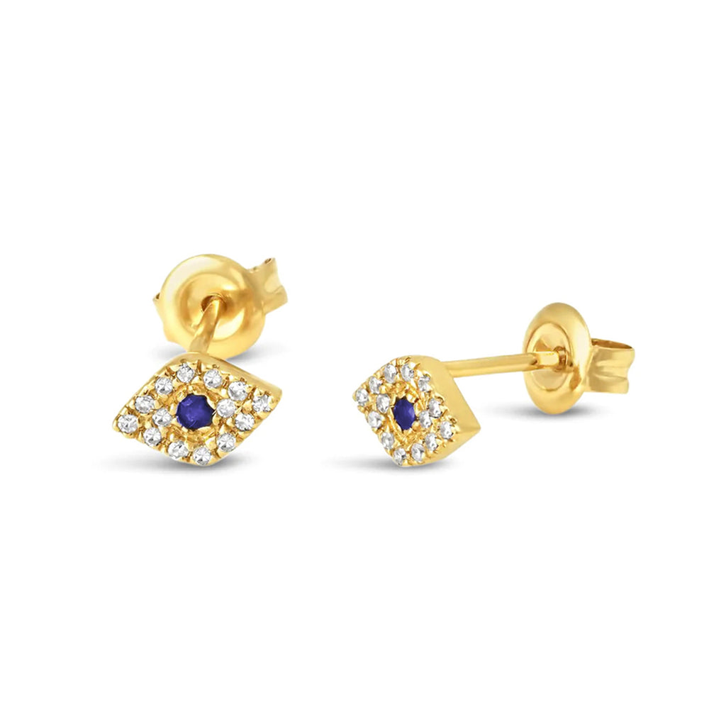 14k Yellow Gold Blue Sapphire and Diamond Evil Eye Stud Earrings