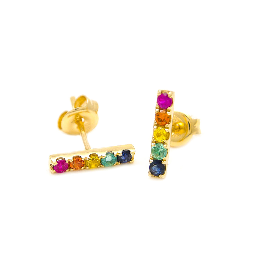 14k Yellow Gold Multi-Colored Gem Rainbow Bar Stud Earrings