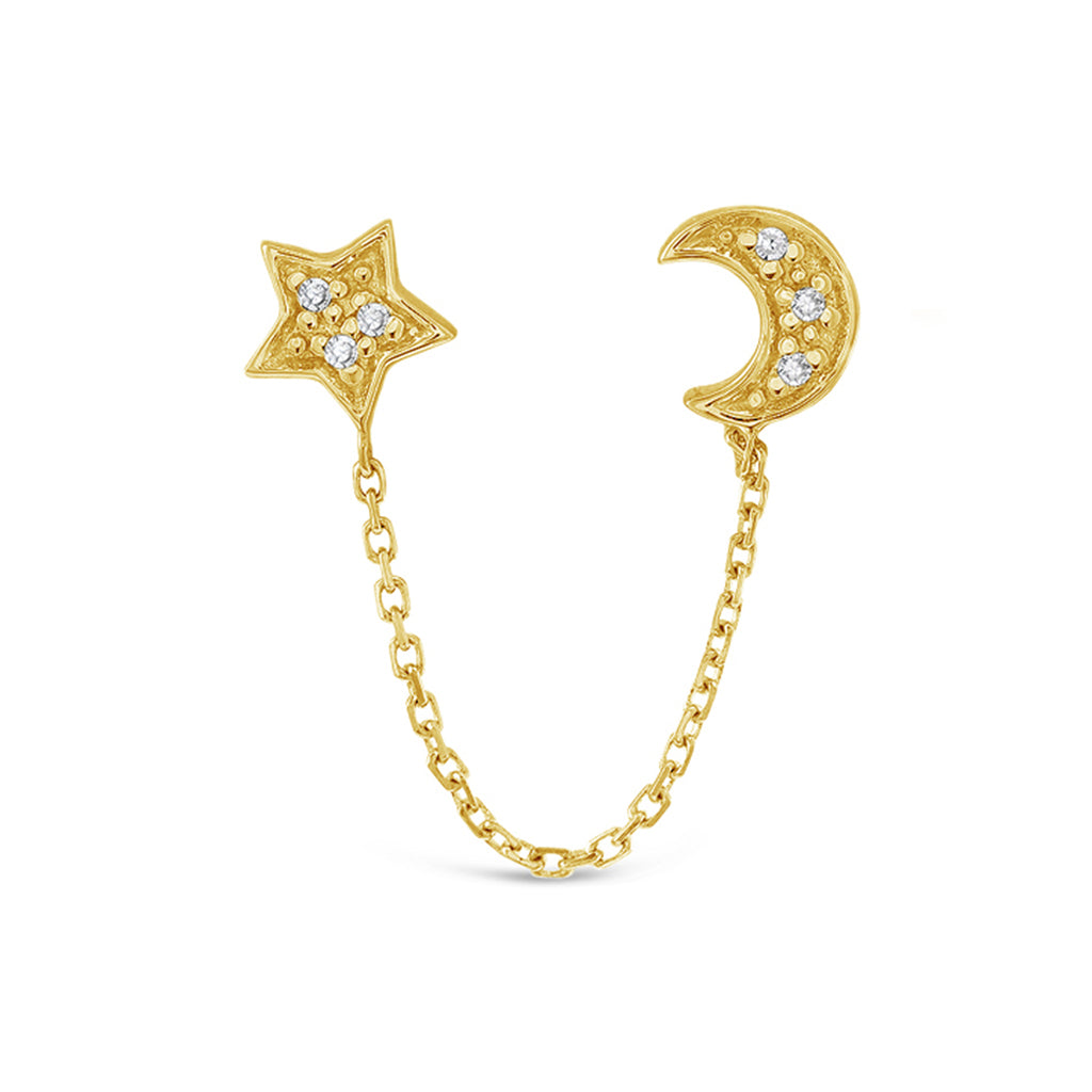 14k Yellow Gold Diamond Moon And Stars Chain Stud Earrings