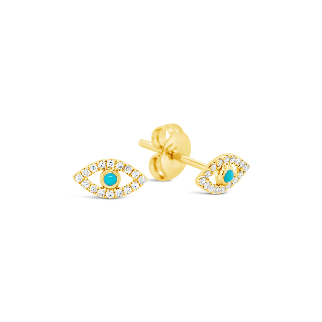 14k Yellow Gold Turquoise & Diamond Evil Eye Stud Earrings