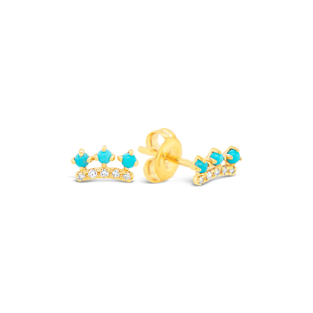 14k Yellow Gold Turquoise & Diamond Curved Bar Stud Earrings