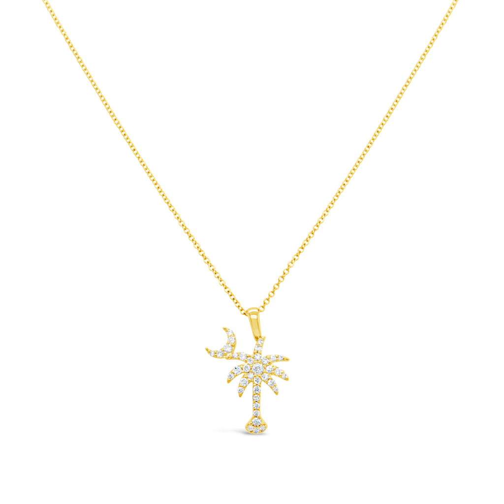 14k Yellow Gold "Tropical Nights" Palm Tree and Moon Diamond Pendant Necklace