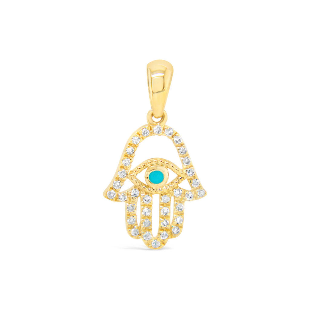 14k Yellow Gold Turquoise and Diamond Hamsa Pendant