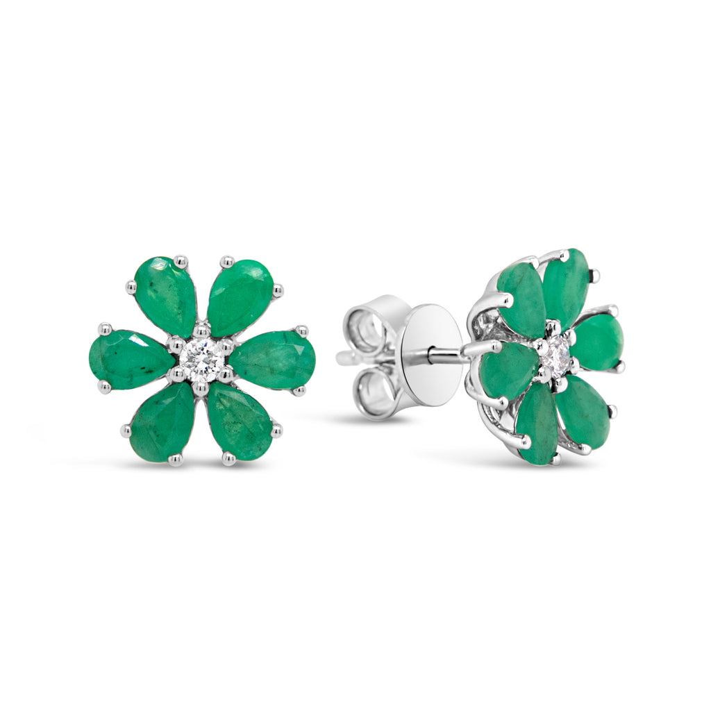 14k White Gold Emerald and Diamond "Florecita" Flower Stud Earrings