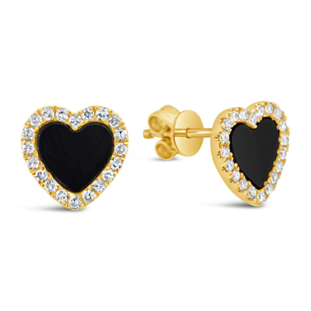 14k Yellow Gold Black Onyx and Diamond Heart Stud Earrings