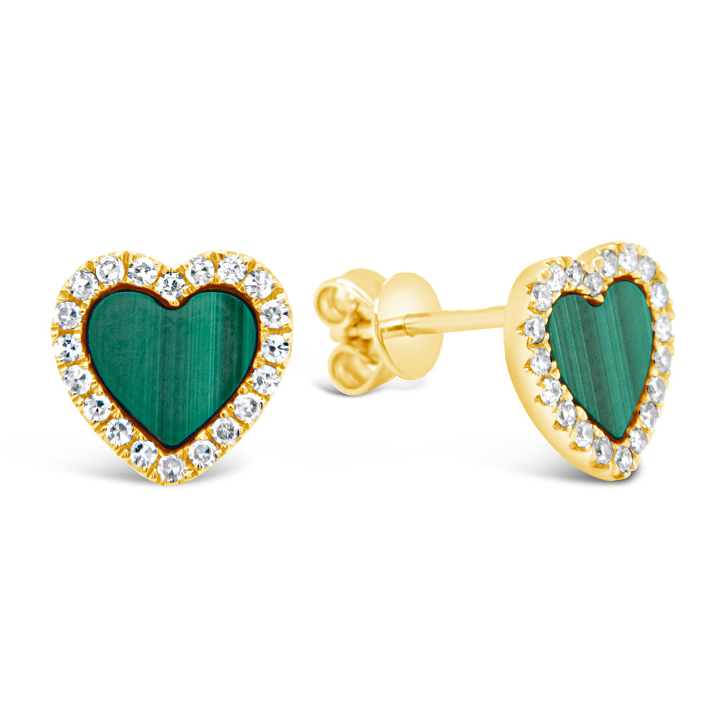 14k Yellow Gold Malachite and Diamond Heart Stud Earrings