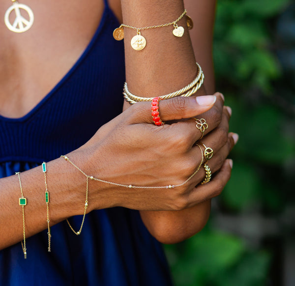 14K Yellow Gold Beaded Hand Chain Bracelet