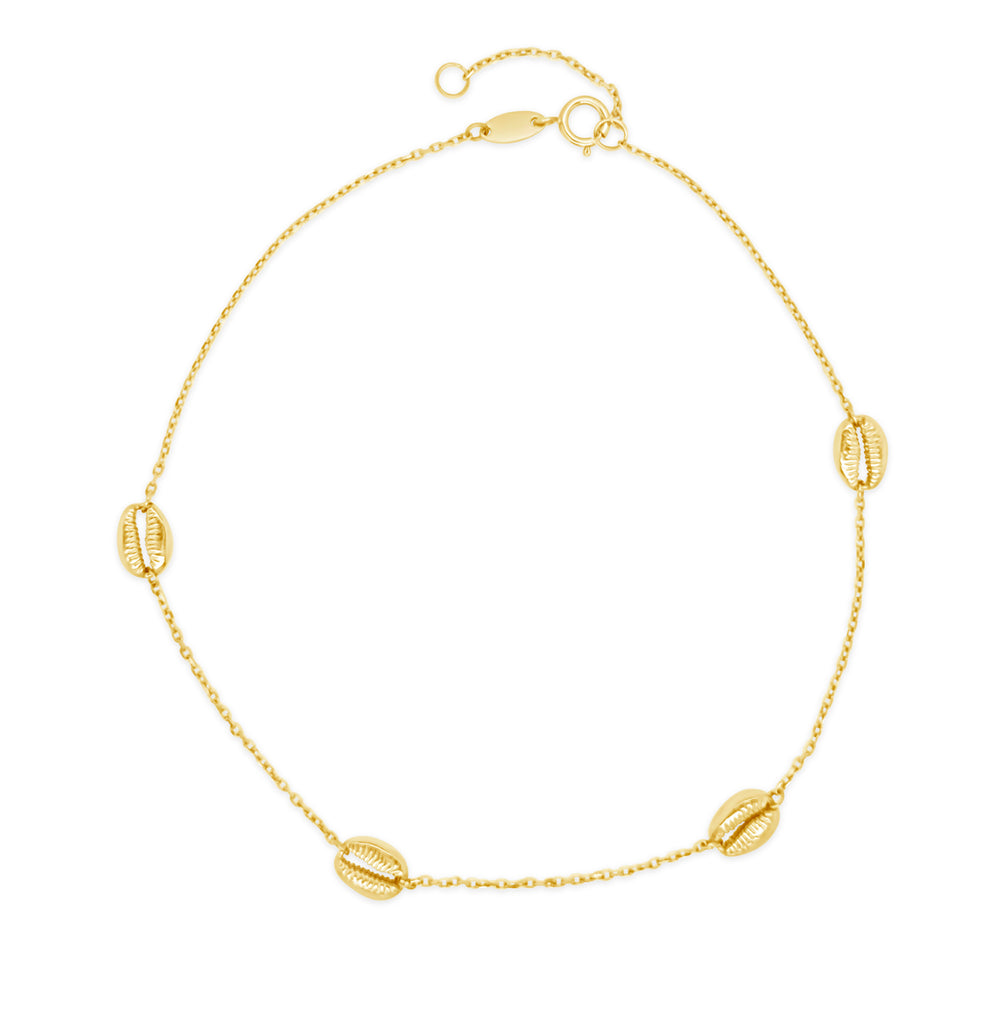 14k Yellow Gold Cowrie Shell Station Anklet