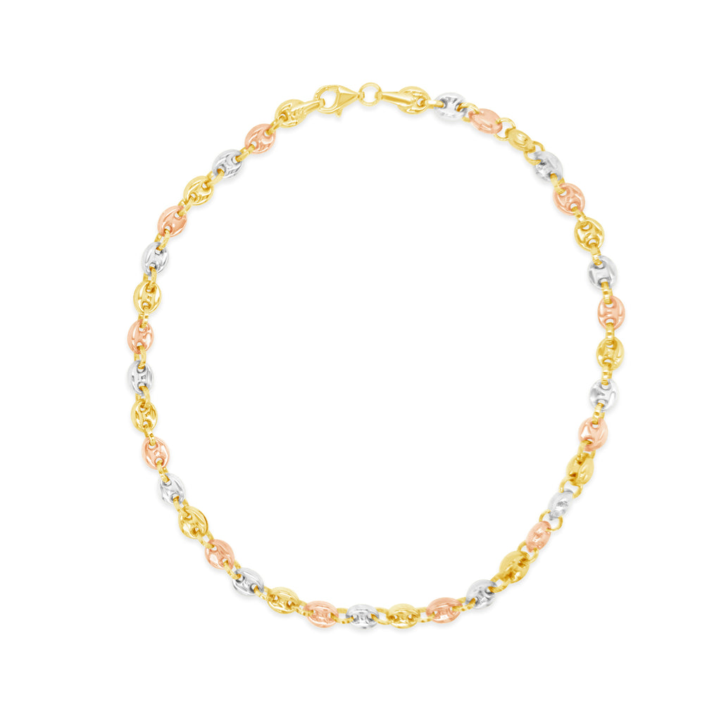 14k Tri Color Gold Mariner Puff Chain Anklet