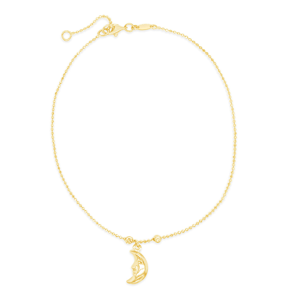 14k Yellow Gold Moon Face Charm Anklet