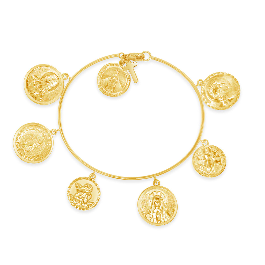 14k Yellow Gold "La Bendecida" Multi-Saint Charm Bangle Bracelet