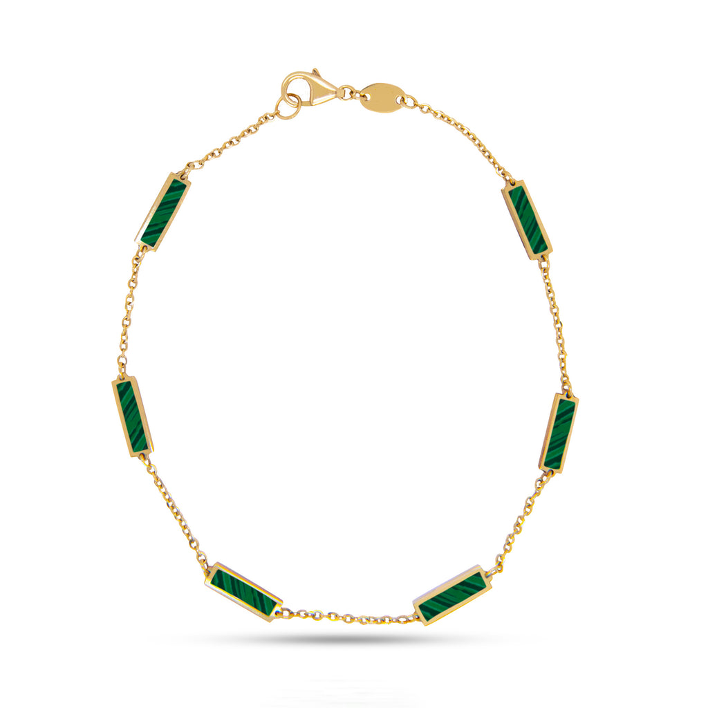 14k Yellow Gold Green Malachite Bar Station Bracelet