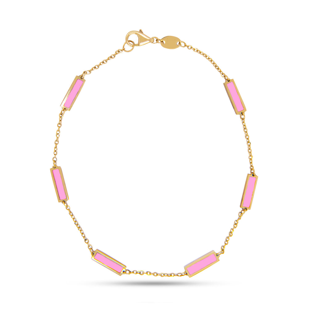 14k Yellow Gold Pink Bar Station Bracelet