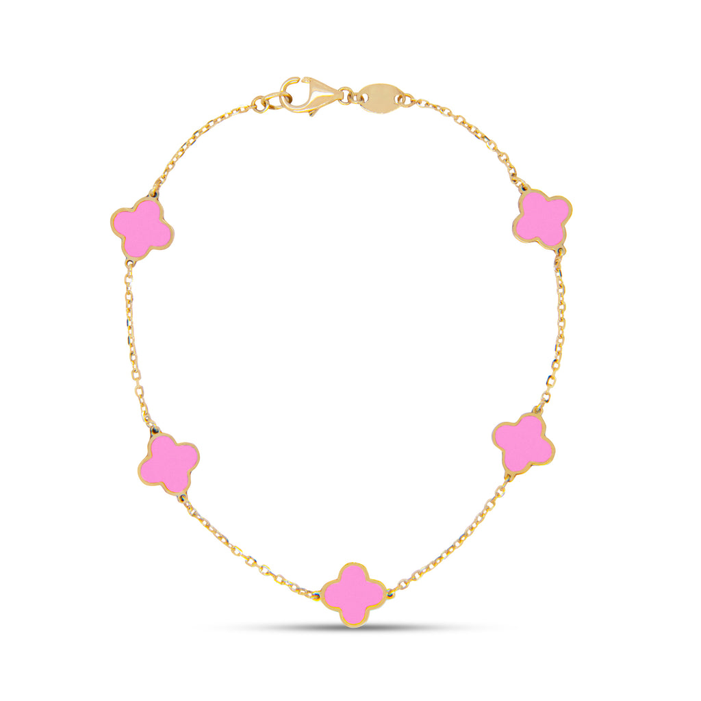 14k Yellow Gold Small Pink Clover Station Bracelet