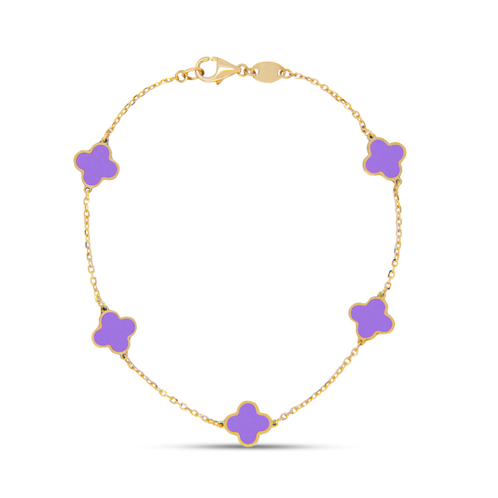 14k Yellow Gold Small Charoite Clover Station Bracelet