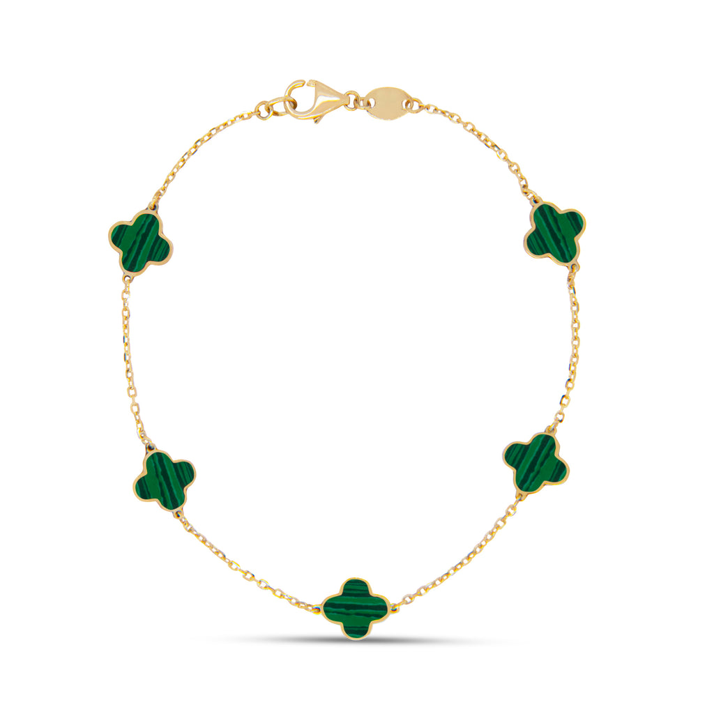 14k Yellow Gold Small Malachite Clover Station Bracelet