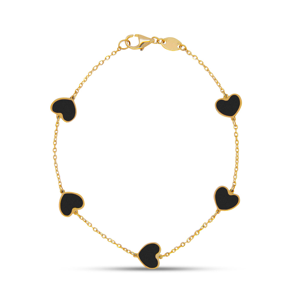 14k Yellow Gold Small Onyx Hearts Station Bracelet