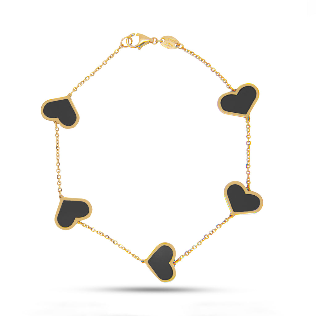 14K Yellow Gold Black Onyx Heart Station Bracelet