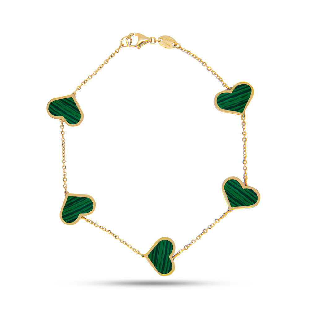 14K Yellow Gold Malachite Heart Station Bracelet