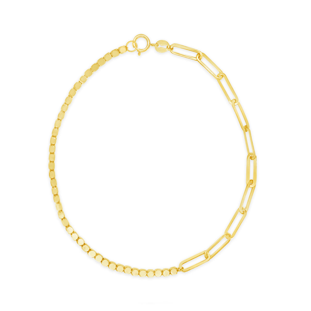 14k Yellow Gold Dual Beaded and Paper Clip Link Bracelet