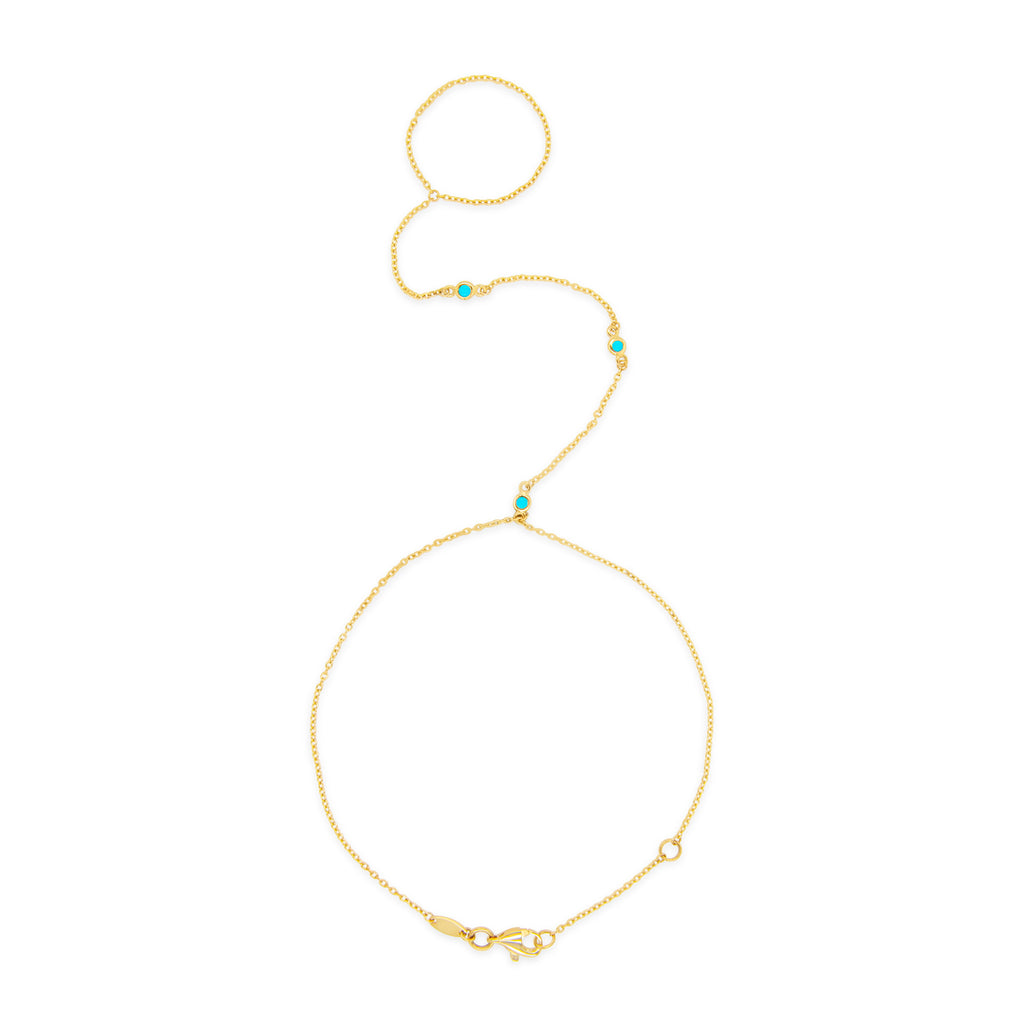 14k Yellow Gold 3 Bezel Turquoise Hand Chain Bracelet