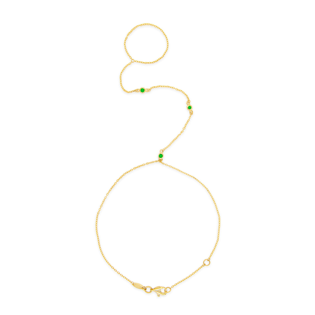 14k Yellow Gold 3 Bezel Green CZ Hand Chain Bracelet