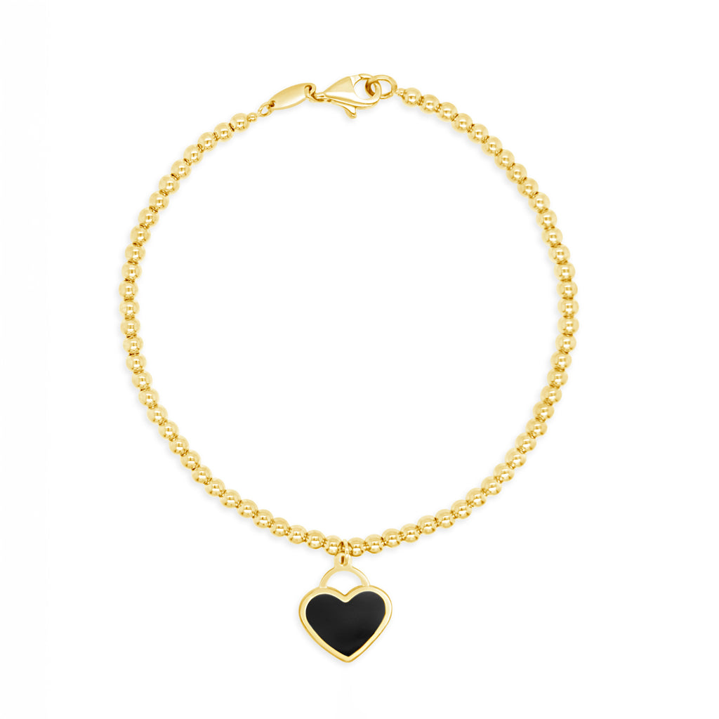 14k Yellow Gold Black Enamel Heart Charm Beaded Bracelet