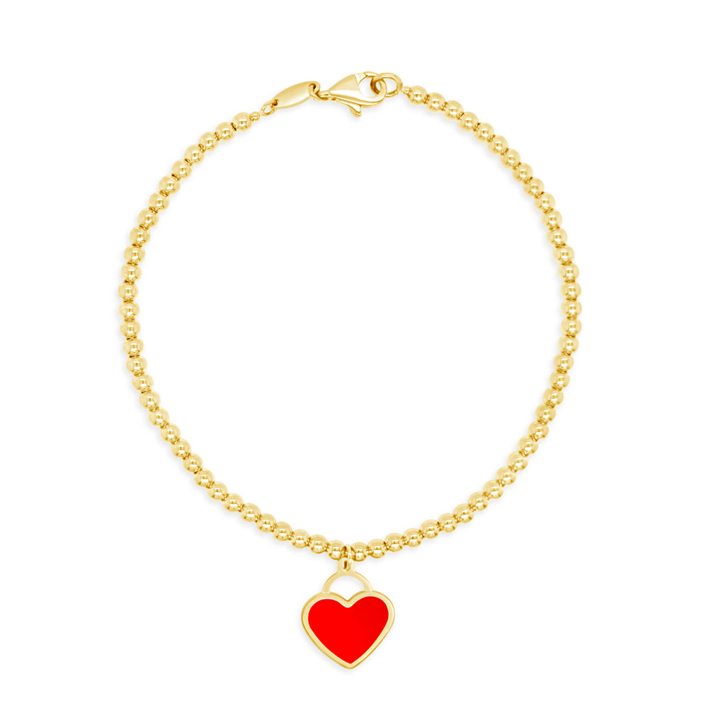 14k Yellow Gold Red Enamel Heart Charm Beaded Bracelet