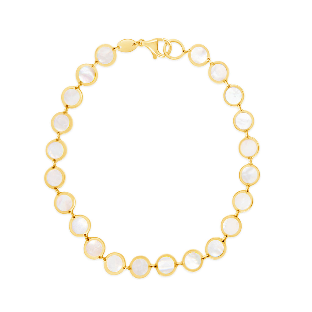 14k Yellow Gold Mother of Pearl Round Disc Link Bracelet