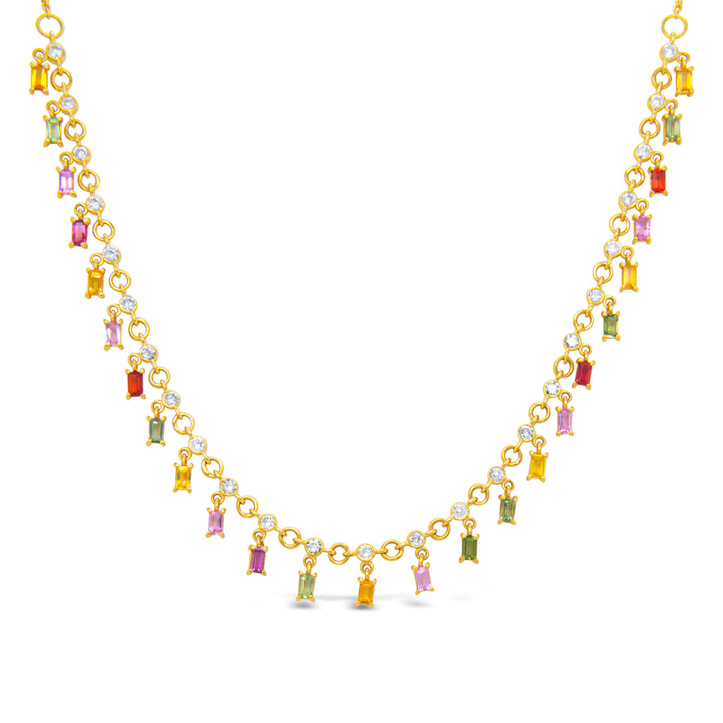 14k Yellow Gold Dangle Multi-Colored Sapphire Baguettes and Diamond Necklace