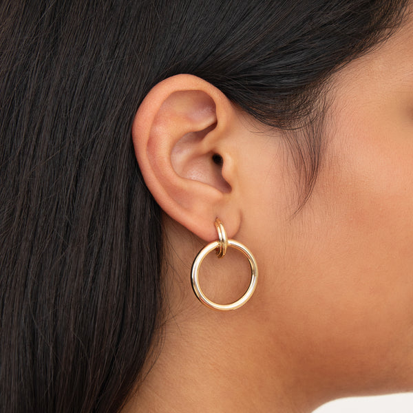 14k Yellow Gold Circle Drop Hoop Earrings