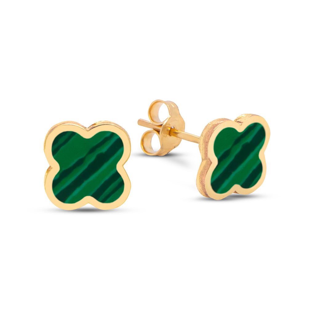 14k Yellow Gold Malachite Clover Stud Earrings