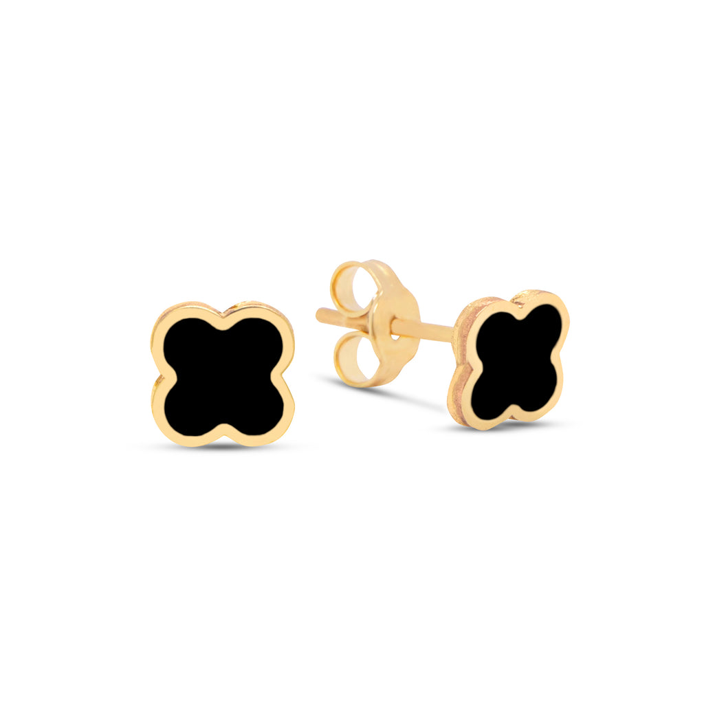 14k Yellow Gold Black Onyx Clover Stud Earrings